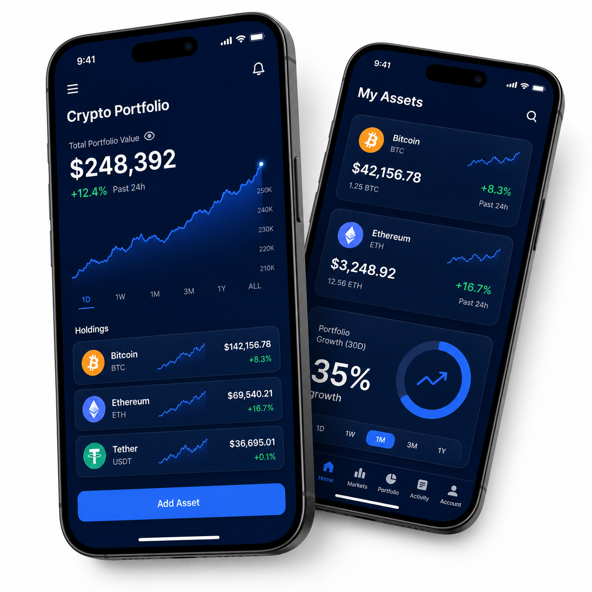 Two smartphones showing the Crypto Shield app with portfolio protection and crypto management tools.